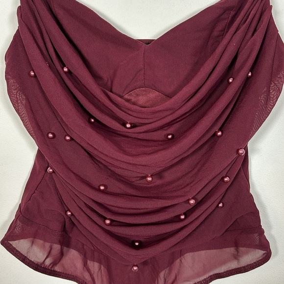Privy Elegant Burgundy Merlot Draped Beaded Body Suit Medium NWT Dressy Sexy - Picture 3 of 8